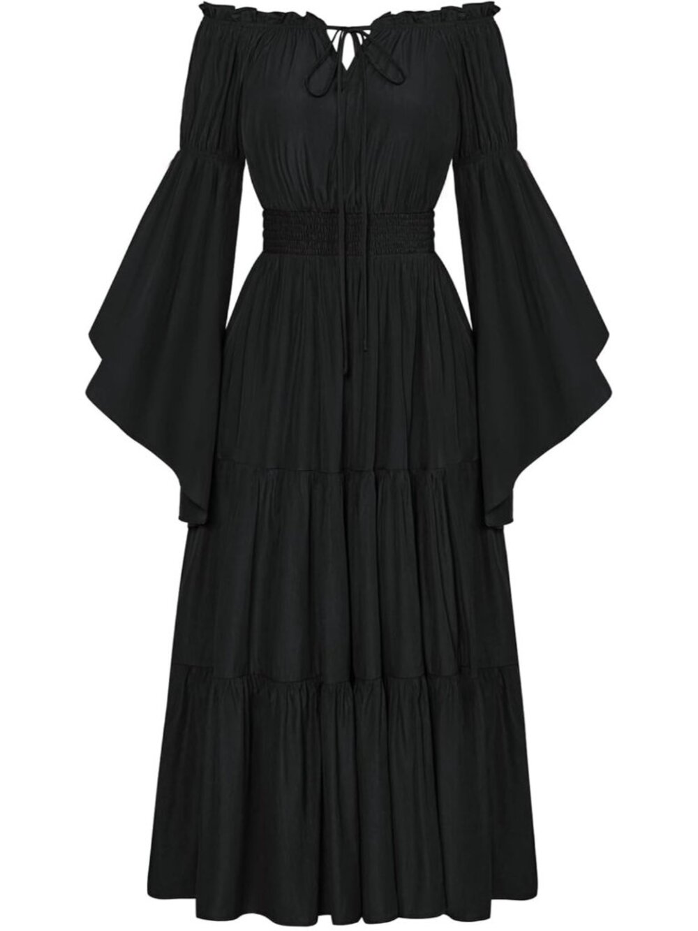 Women's Black Renaissance Off Shoulder Bell Sleeve Tiered Costume Dress